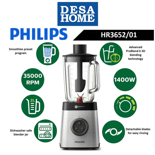 PHILIPS HR3652/01 1400W BLENDER WITH PRO BLEND 6 3D TECHNOLOGY HR3652 ...