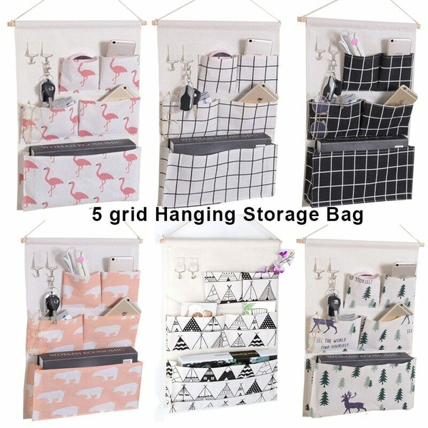 Transparent Cotton Linen 3 Grids Wall Hanging Storage Bag Organizer, For  Home